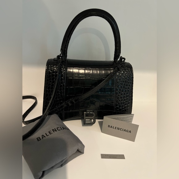 Balenciaga Handbags - BALENCIAGA SMALL HOURGLASS CROC EMBOSSED BLACK ON BLACK